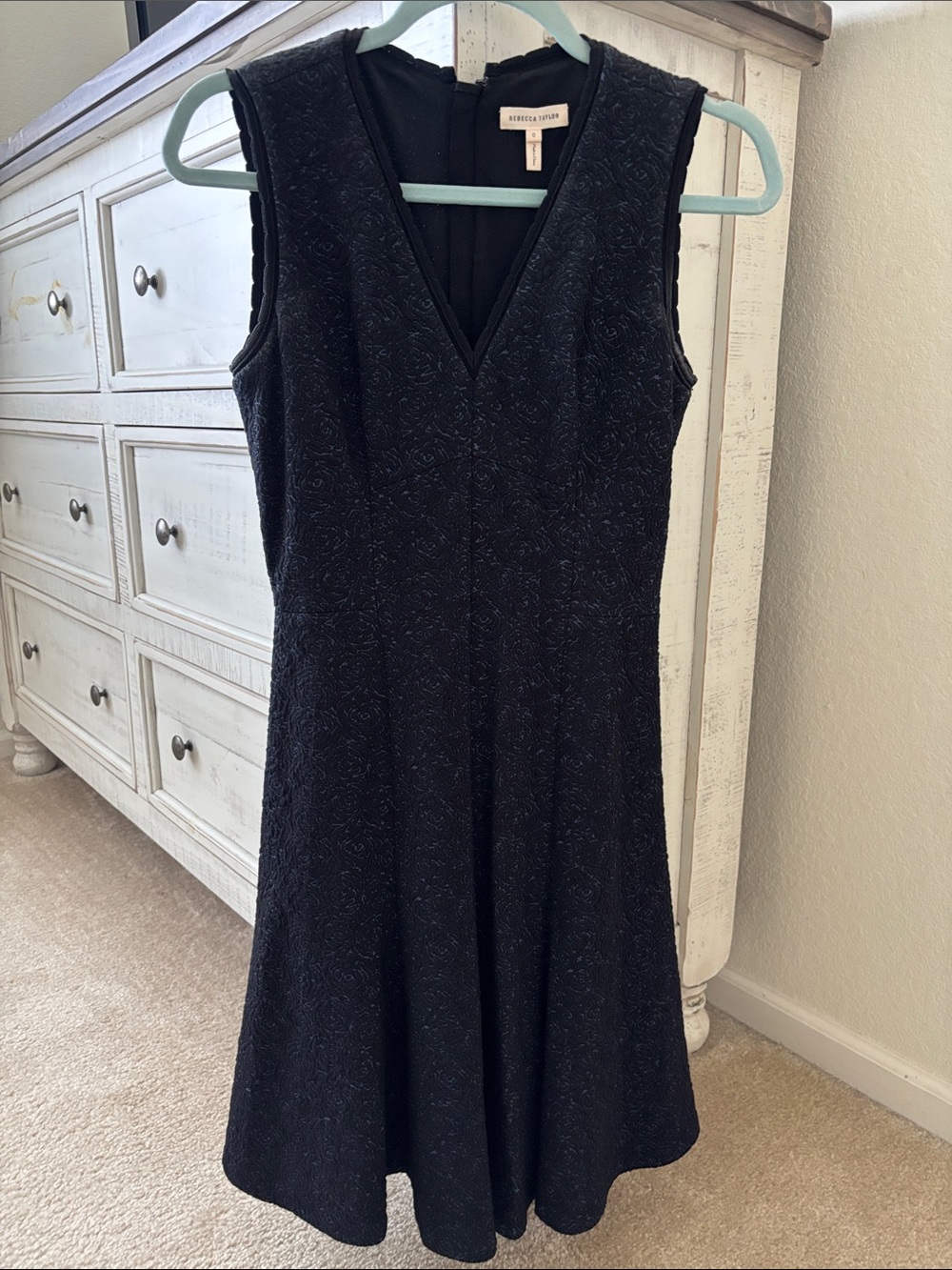 Rebecca Taylor Black Textured V-Neck Fit-and-Flare Dress. Black/Navy